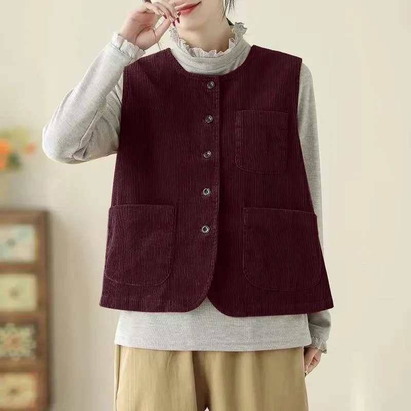 

Corduroy Spring New Style Round Neck Versatile Vest Vest Retro Commuting Loose Casual Waistcoat Top Jacket