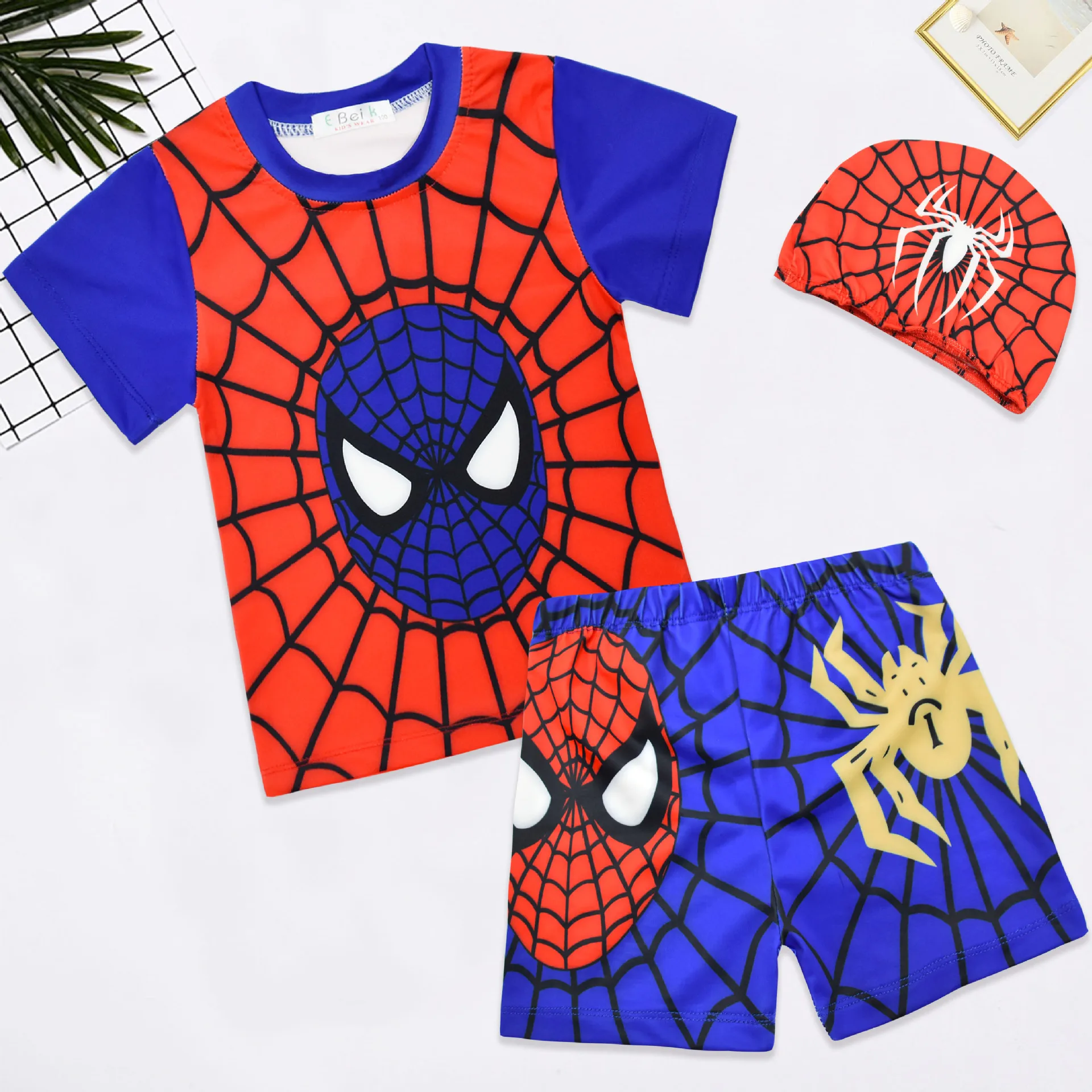 Disney Spiderman Toddler Baby Boys Clothes Set Print Short Sleeve Tops Elastic Waist Swim Hat Kids 3Pcs Bathing Suit