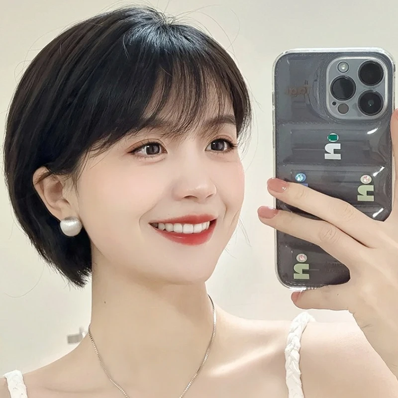 

Короткий парик из 100% человеческих волос с челкой, модный женский натуральный черный парик, дышащая шапочка, парик для повседневного ношения, косплей