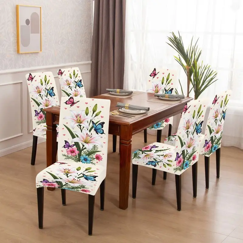 4/6PC dining chair cover, Parsons chair cover, romantic lily butterfly flower pattern chair cover, elastic