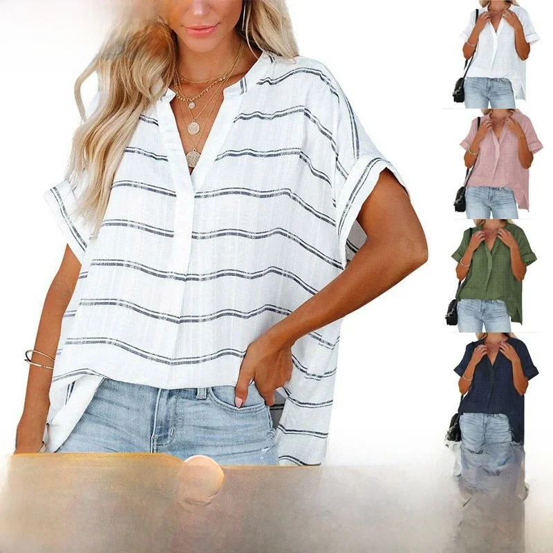 夏の女性のカジュアルシフォンブラウスヨーロピアンスタイルトップ V ネック半袖ストリートファッションプリントルーズフィットミッドレングスシャツ