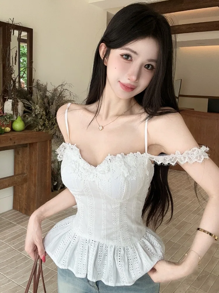 

Elegant Lace Trim Patchwork Strap Vest Women's Summer Outdoor Wear Slimming Sexy Sleeveless Top Korean Style Citywalk Breathable