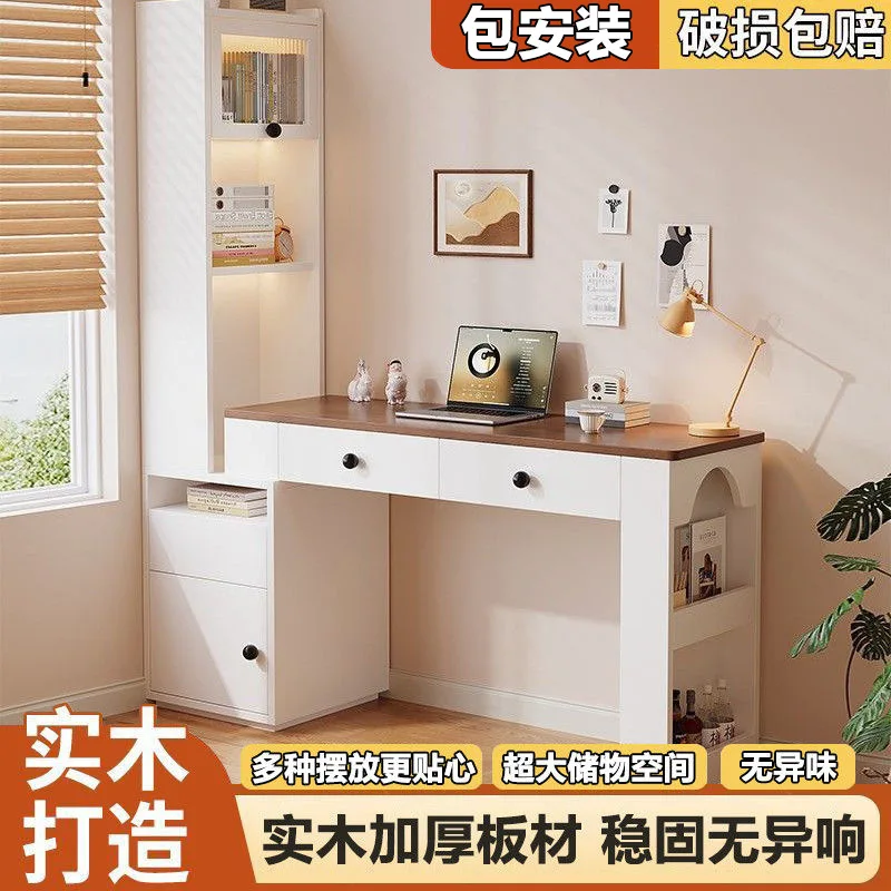 Desk bookshelf integrated table cream wind retractable small apartment bedroom corner computer table home study table
