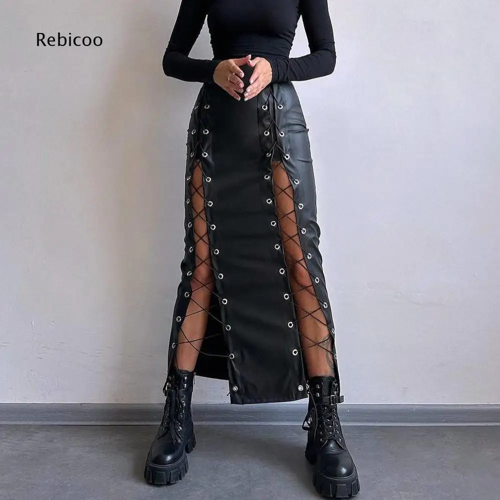 Women High Waist Faux Leather Maxi Skirt Double Side Lace Up Cutout Design Bodycon Silhouette For Gothic And Punk Style Outfits