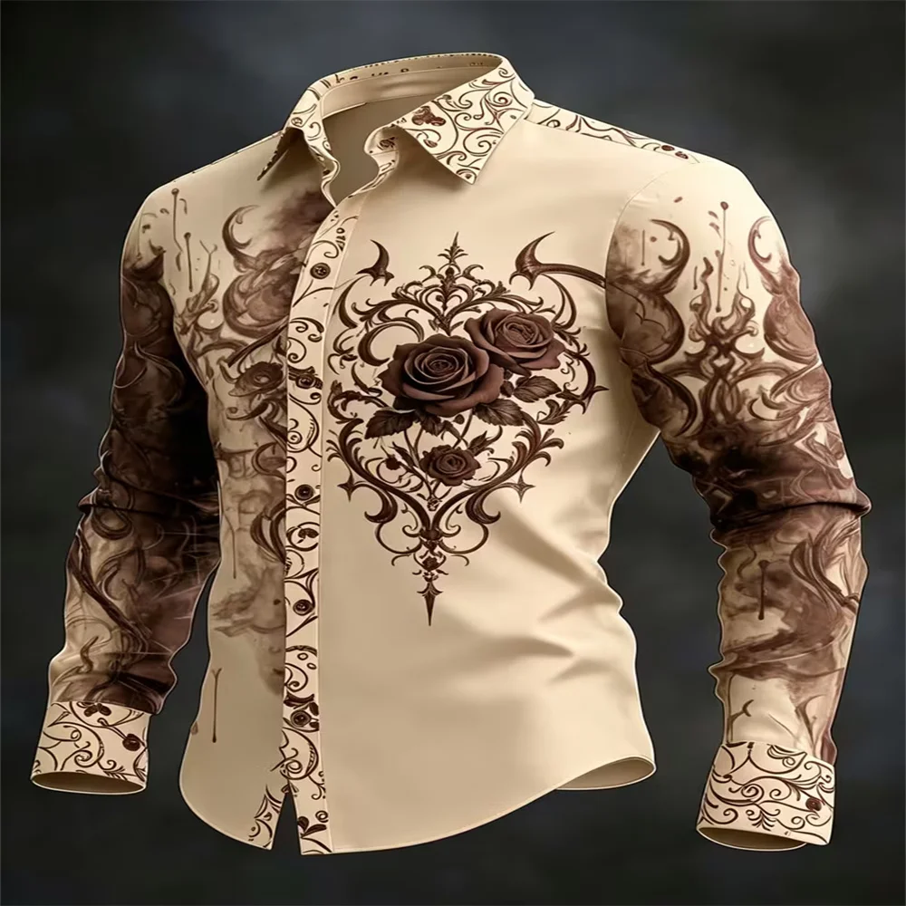 Men Vintage Gothic Rose Baroque Print Long Sleeve Shirts Turn-down Collar Button Up Shirt Fashion Casual Streetwear Party Tops