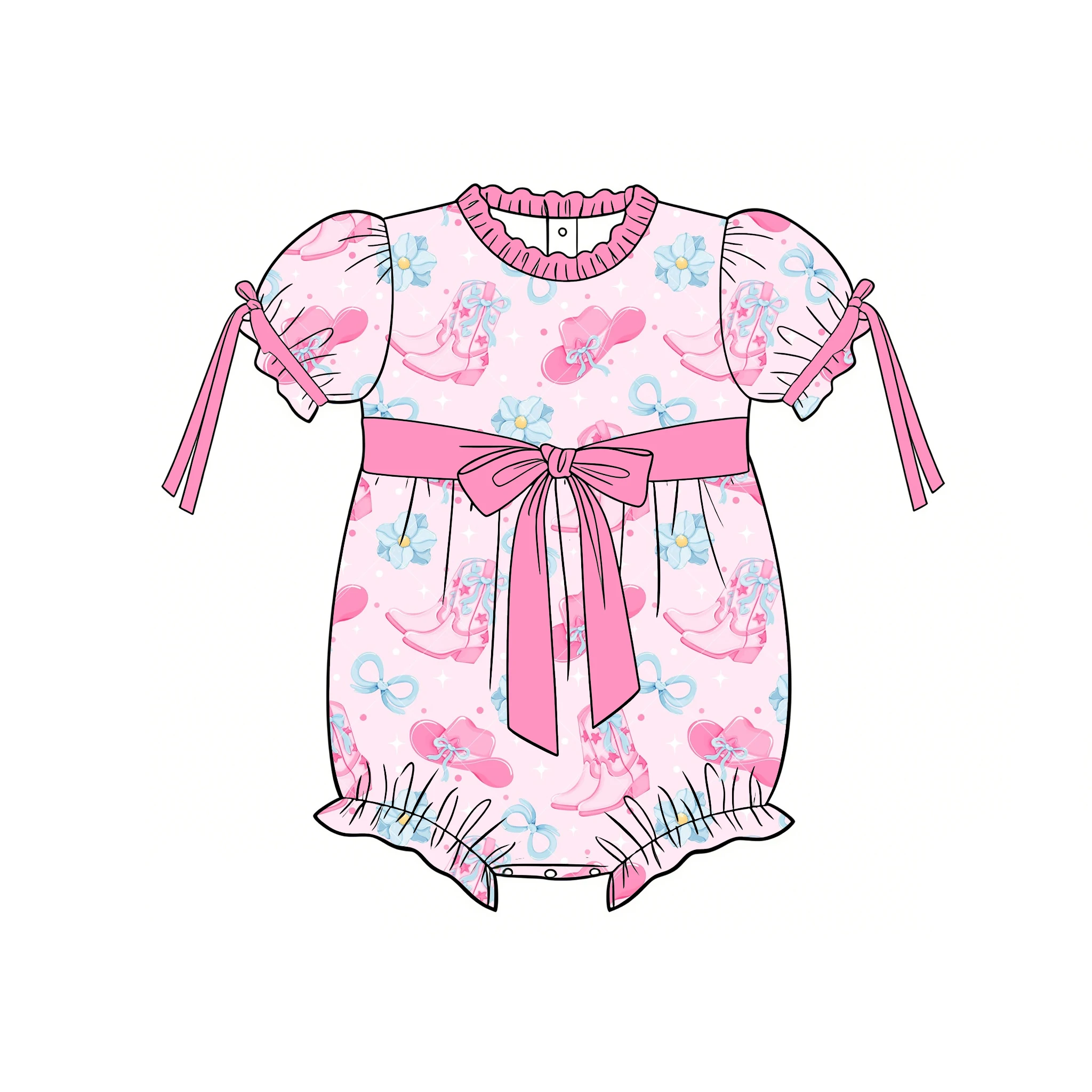 

Boutique kid's rompers ruffled collar puff sleeves bow decoration snap Plaid Strawberry print Custom and wholesale