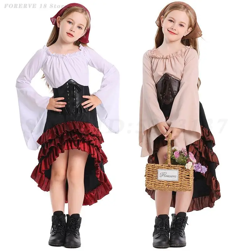 

Girls Medieval Court Fancy Top Skirt Set Children's Pirate Cosplay Costume Halloween Carnival Party Stage Performance Clothing