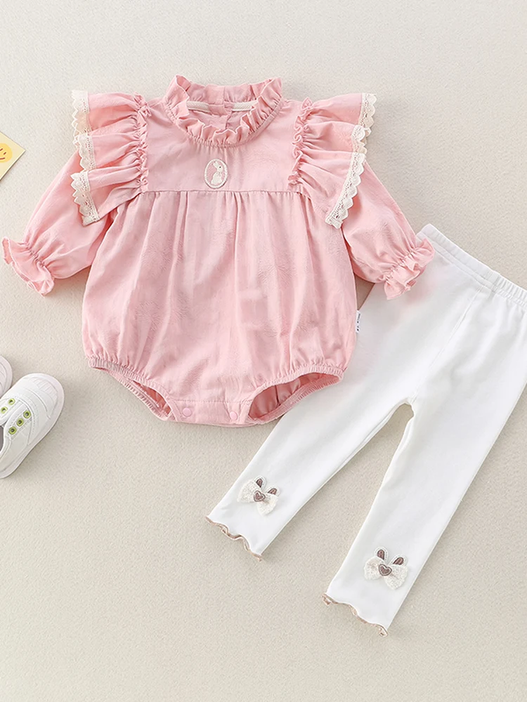 

Adorable Spring Princ Sle Rer Baby Girl's Sweet Cute Wind Suit with Flng Sves And Ruffle Hem Cotton Long Pants