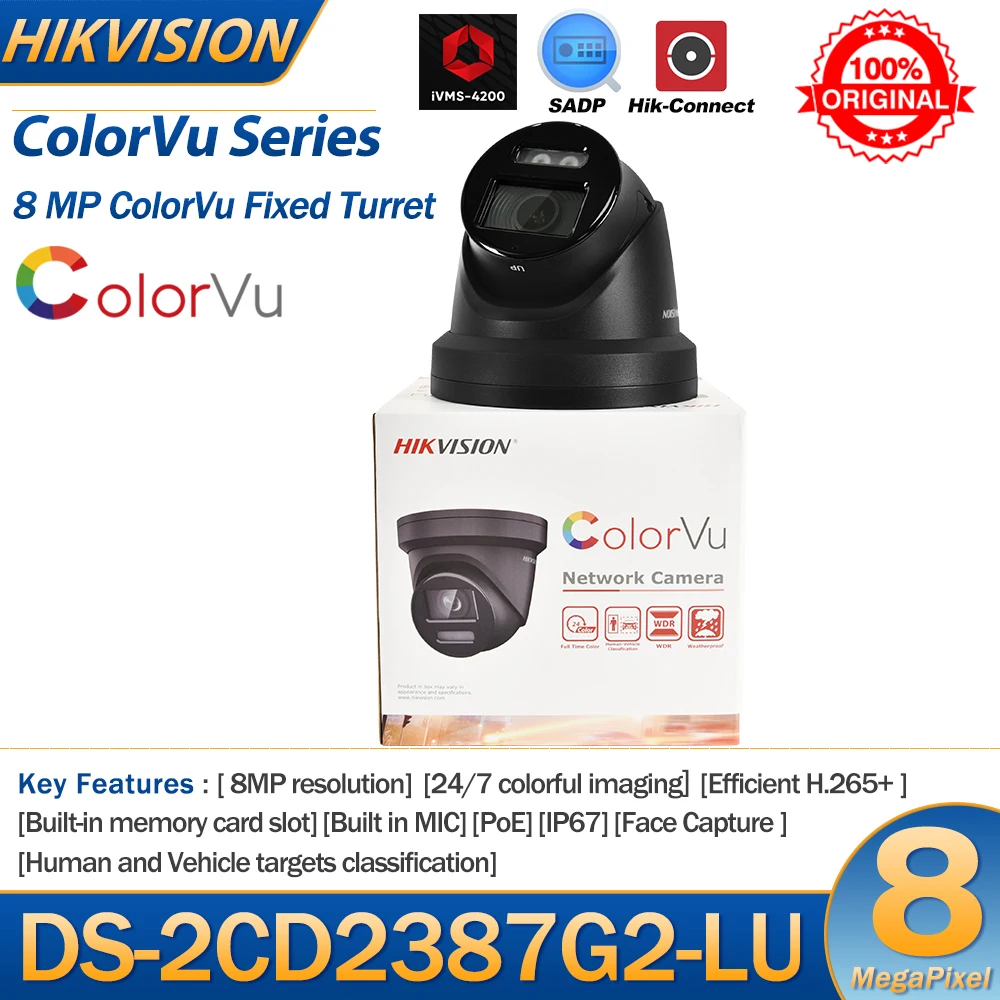 Hikvision 8MP IP Camera DS-2CD2387G2-LU 4K POE 24/7 Colorful Image ColorVu Built-in MIC IP67 Security Surveillance Outdoor