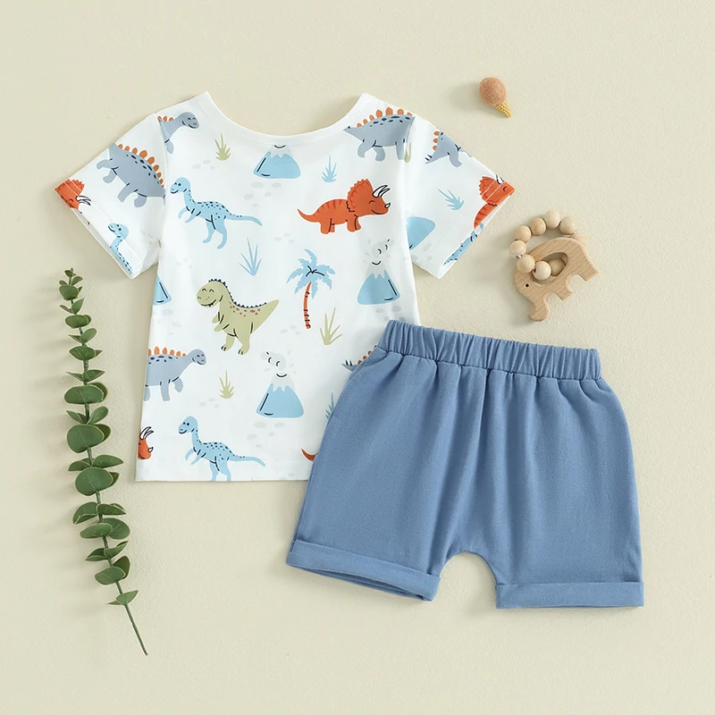 Summer Baby Boy Clothes 3 6 9 12 18 24 Months 2t 3t Outfit Dinosaur Short Sleeve T Shirt Top and Shorts Set