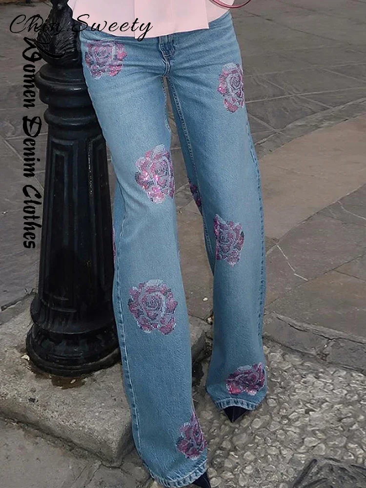 

Vintage Diamonds Flower Patchwork Long Jeans Woman High Waist Wide Leg Pockets Trousers 2025 Spring Summer Lady Fashion Pants