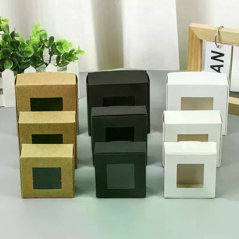 

10 Pcs Square White/Kraft/Black Window Packaging Boxes, Various Sizes, Wedding Party Gifts, Handmade Soap Chocolate Flat Boxes
