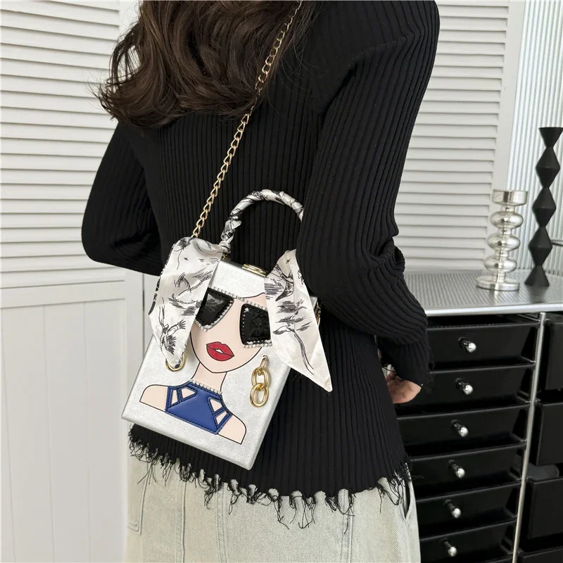 2024 New Handheld Box Dinner Bag for Women Graffiti Sunglasses Shoulder Bag Vintage Chain Crossbody Bag Cute Purses and Handbags