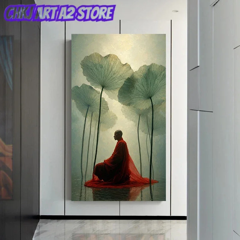 Meditative Monk Red Robe Lotus Leaf Tranquil Zen Peaceful Poster and Prints Canvas Painting Wall Art Pictures Home Decor Cuadros