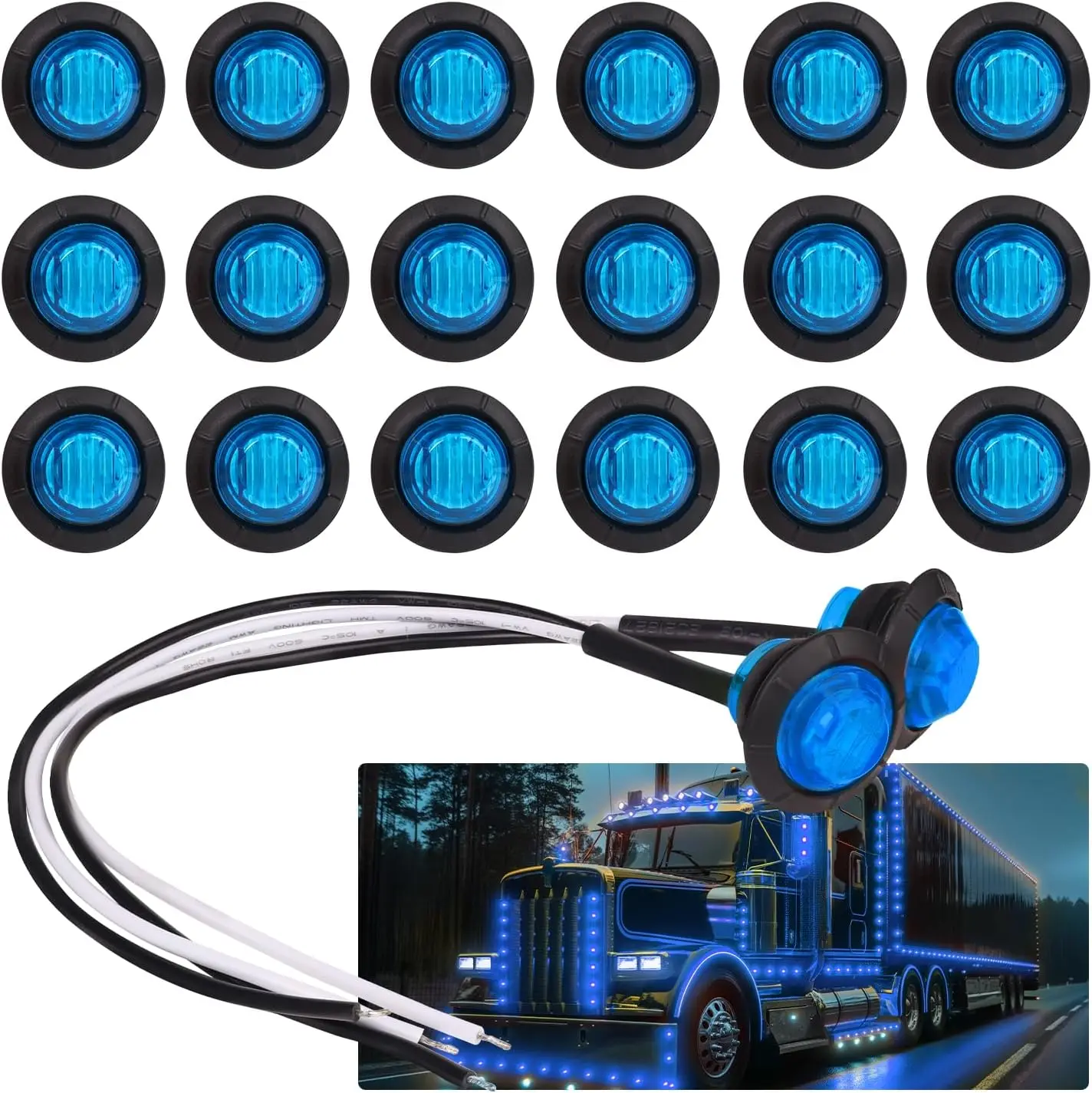 Pack of 20 3/4 Inch Round Blue LED Side Indicator Lights with Grommets for Truck Trailer Pickup Lorry 12V DC Surface Mount 3led