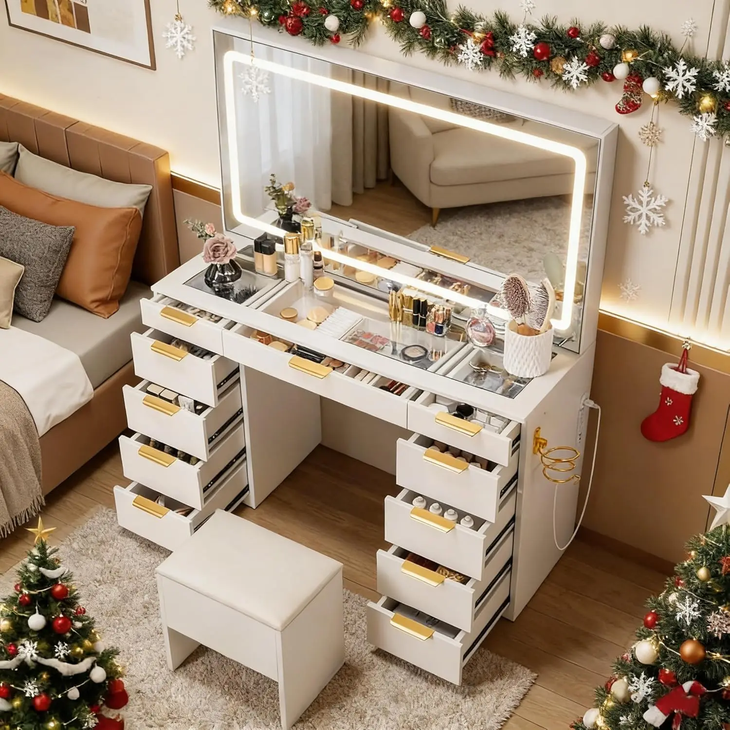 White Glass Top Makeup Vanity with LED Lights, 11 Drawers and Adjustable Lighting for Bedroom