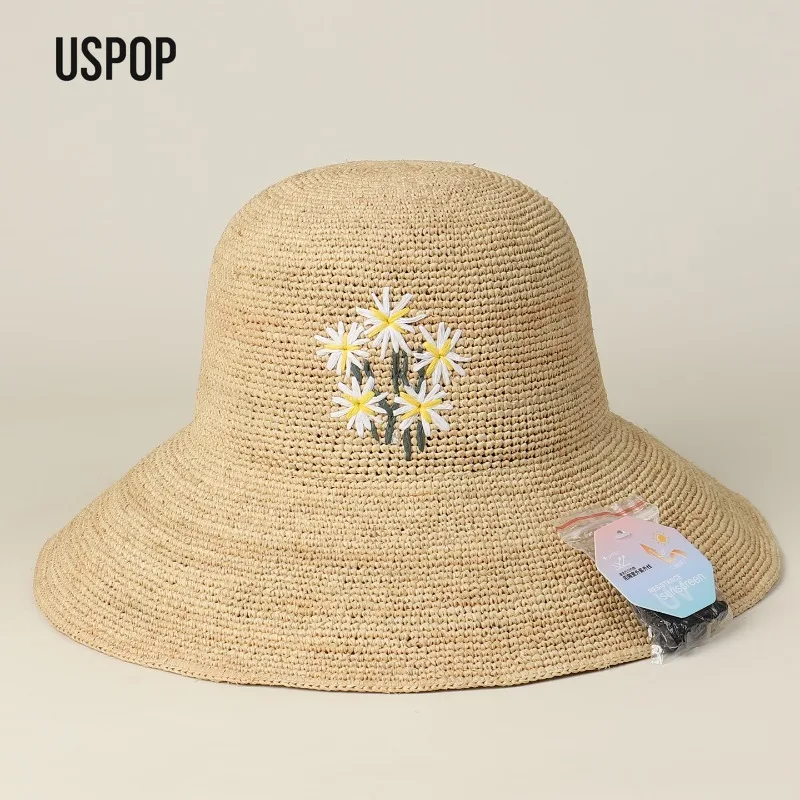 USPOP Daisy Embroidery Raffia Bucket Hat Women Foldable Summer Straw Hat Wide Brim Beach Sun Hat Adjustable Lightweight