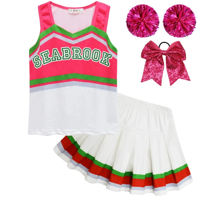 Girls Summer Clothing Suits Zombies 3 Addison Kids Cosplay Costume Sets Cheerleaders Vest+skirt+Hand Flowers +Hair Band 4piece