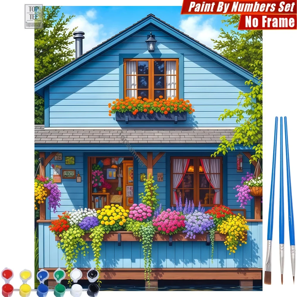 

Набор цифровых масляных красок «Синие цветы в коттедже» — Солнечные, уютные, яркие, для расслабляющих занятий, подарок на День матери для мамы