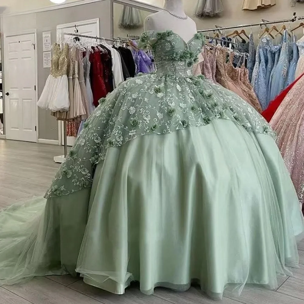 Gaun pesta putri bahu terbuka elegan gaun Quinceanera romantis Applique bunga 3D klasik dengan jubah manis 16 gaun