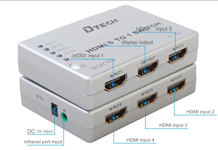 

Переключатель HDMI DTECH 5x1 с дистанционным управлением Переключатель выхода 5 в 1 для других аудио и видеооборудования