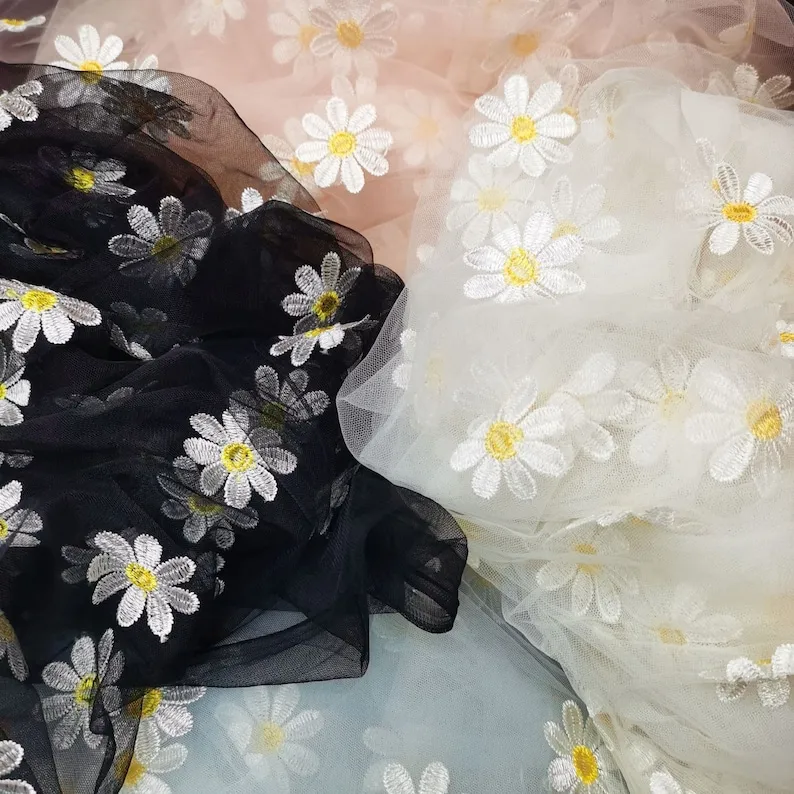 

4 colors Pink Blue soft Lace Fabric Tulle Sunflower Floral Embroidery Exquisite Bridal Wedding Headband 51" width High Quality