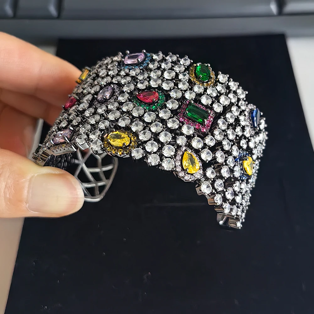 Vintage Multi Colored CZ Wide Open Bangle Matching Ring Sparkling Crystal Grand Bracelet Statement Jewelry for Formal Occasions