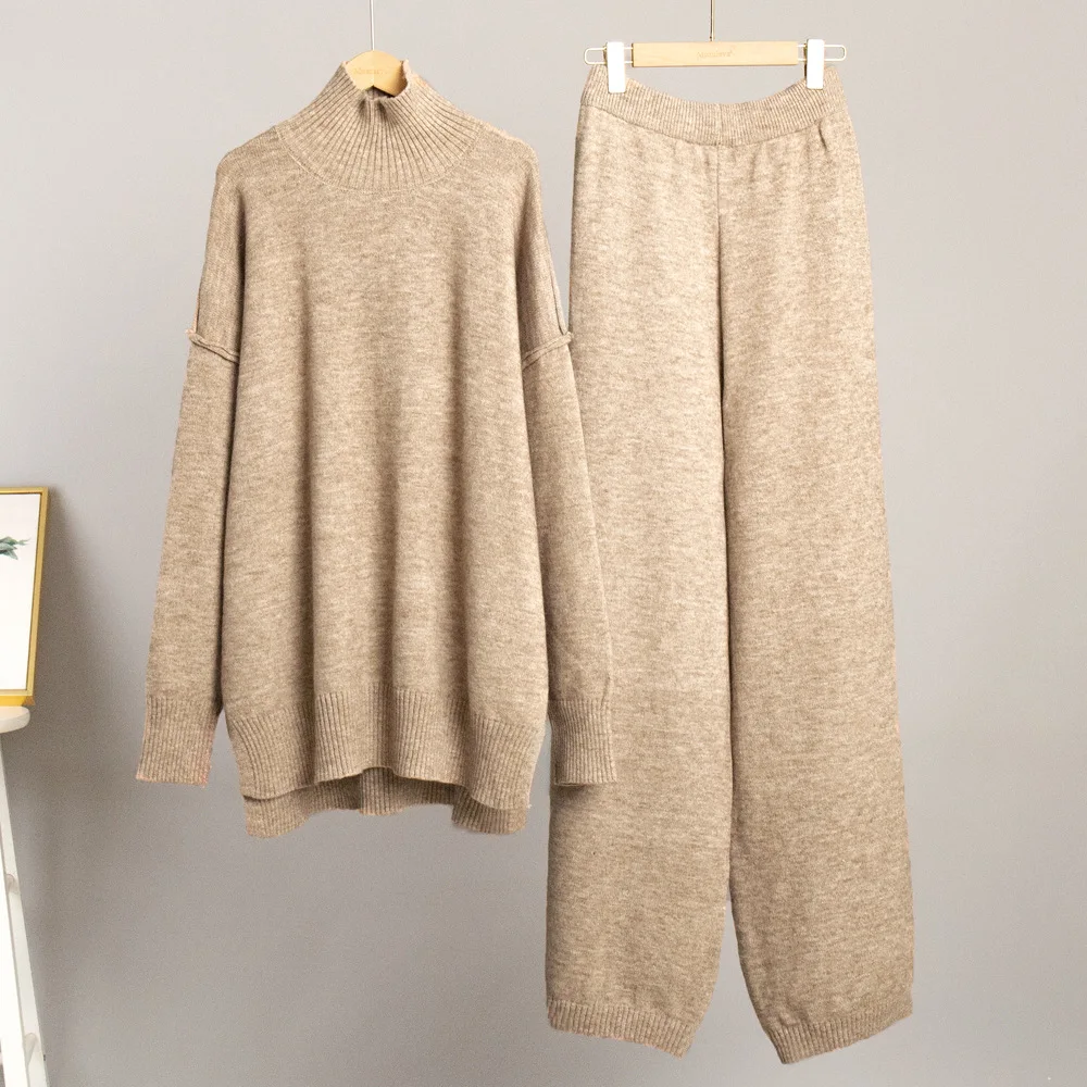ゆったりとしたタートルネックセーターセット レディース エレガントなワイドレッグパンツ ニットツーピースセット レディース ホームウェア マッチングセット 2025年冬