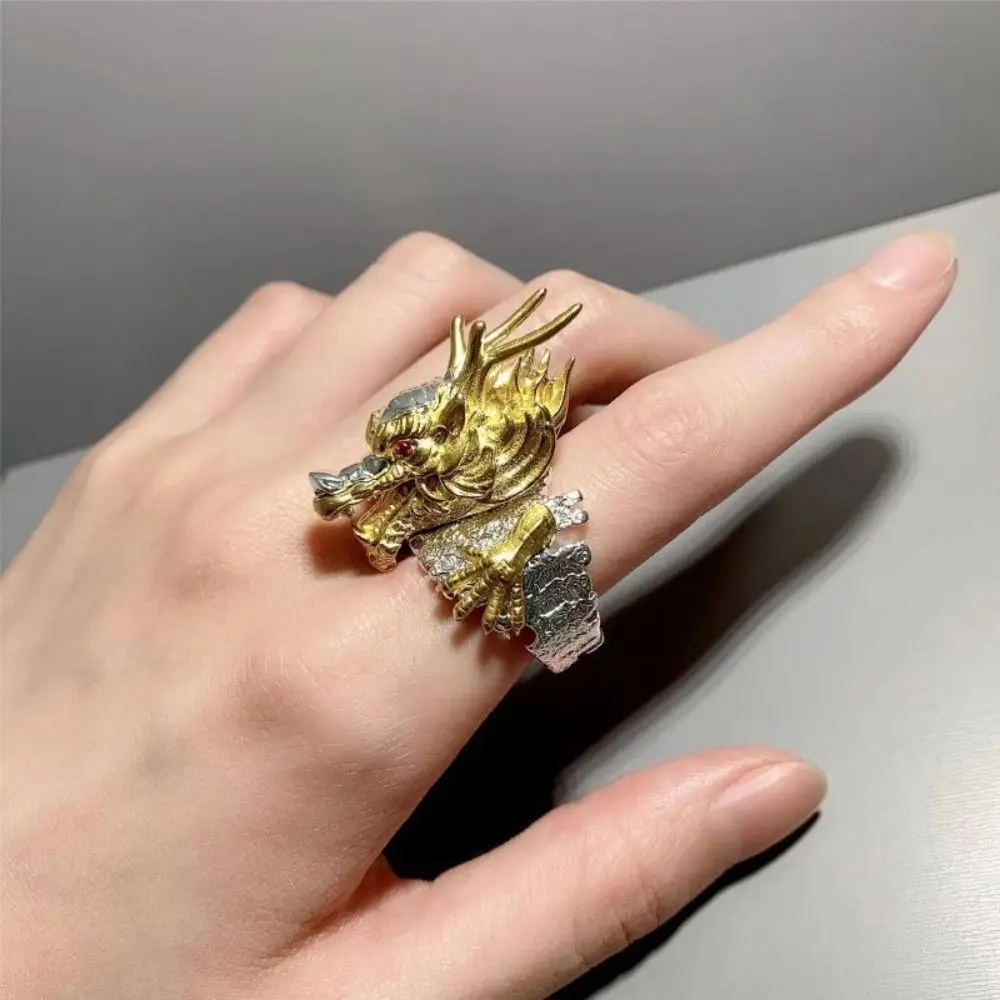 Two Tone Dragon Head Rings Adjustable Relief Design Dragon Ring Domineering Style Gold Plated Dragon Shape Ring Men Jewelry