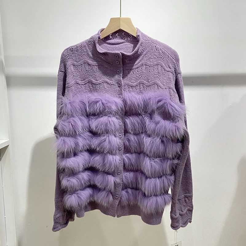 Women Autumn Real Fox Fur High-necked Sweater‌ Lady's Spring Loose Mandarin Collar Sweater Knitted Coat