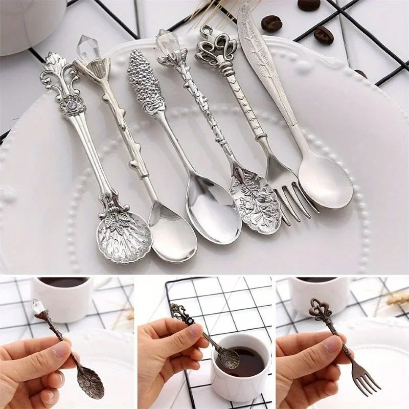 Juego de vajilla de palacio europeo Vintage, tenedor de pastel de fruta, cuchara de café, accesorios de cocina, 6 piezas por juego