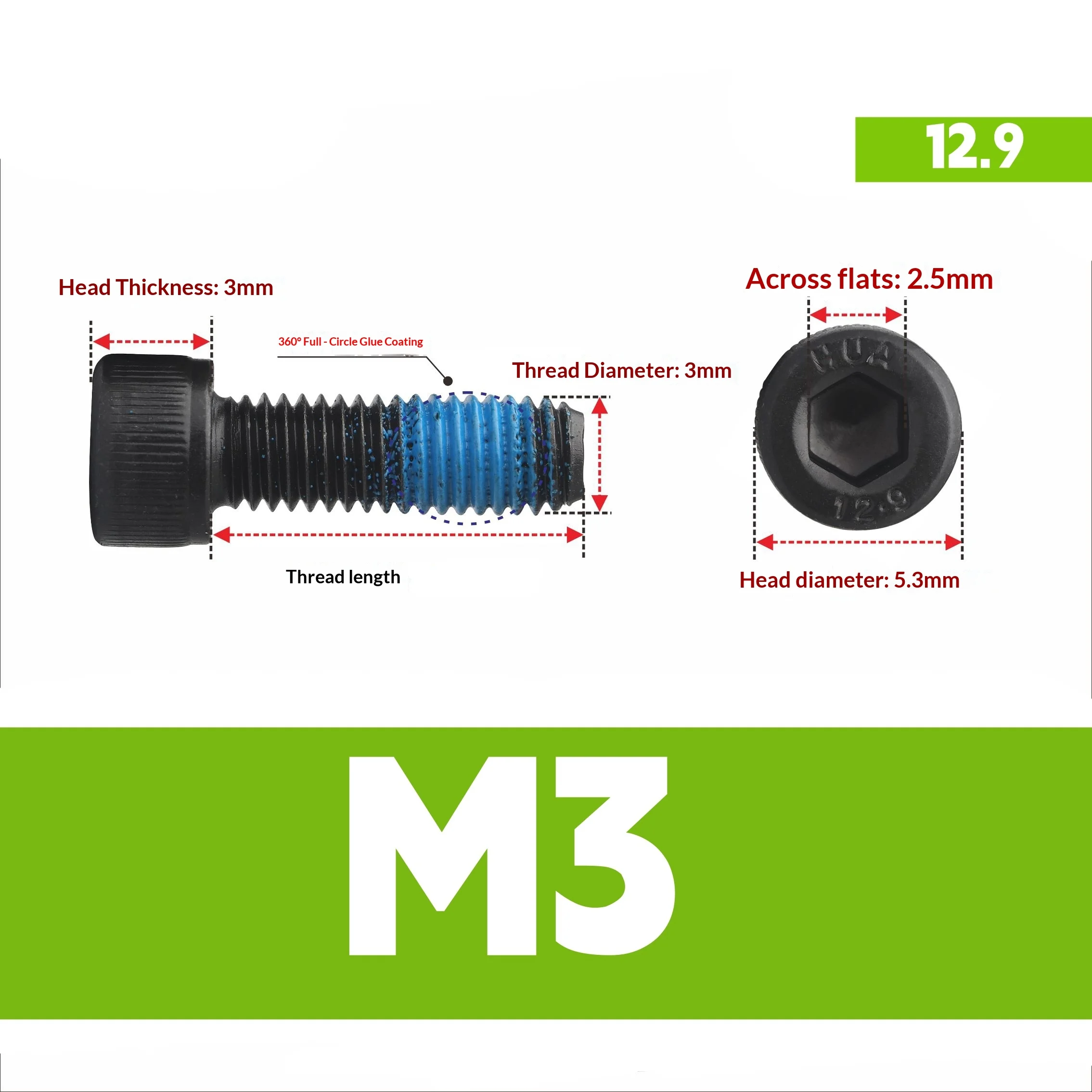 12.9 Grade M3 M5 Hex Socket Cap Screws 360° Pre-Coated Anti-Loose Resin DIN912 Bolt for VORON 2.4 3D Printer Farm Parts