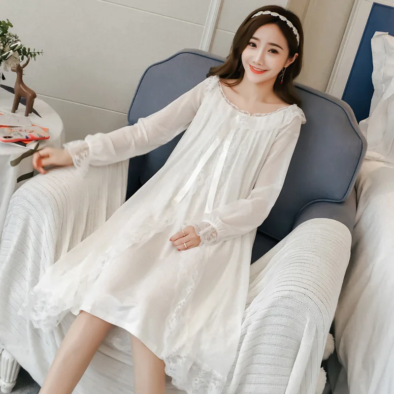 Victorian Vintage Fairy Night Dress Romantic Nightgowns Princess Sleepwear Room Wear Women Long Sleeve Mesh Modal Lace Negligee