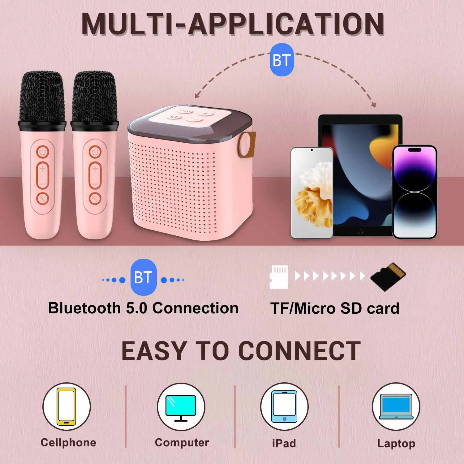 

Portable Wireless Dual Microphone Karaoke Machine Bluetooth PA Speaker KTV DSP System HIFI Stereo Sound RGB Colorful LED Lights