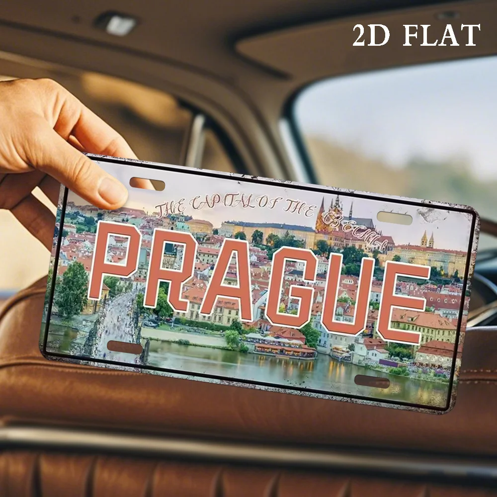 2D Flat Retro Prague Aluminum License Plate Frame, Featuring a Countryside European Cityscape Design with The Word 'PRAGUE'