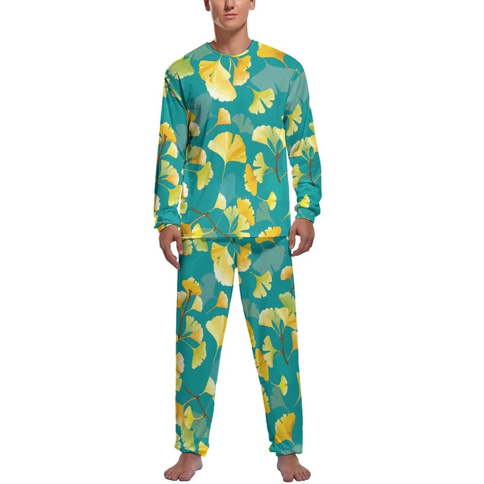 Gold Ginkgo Biloba Pajamas Daily 2 Piece Leaves Print Warm Pajama Sets Male Long Sleeve Casual Custom Nightwear