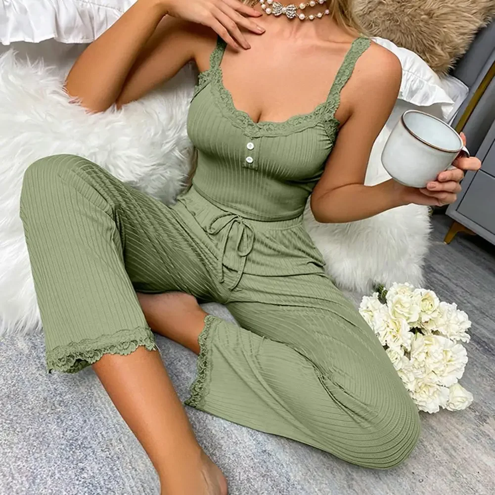 Women Pajama Set Women Casual Two-piece Set Women's Pajamas Set with Low-cut V Neck Tank Top High Elastic Waist Trousers