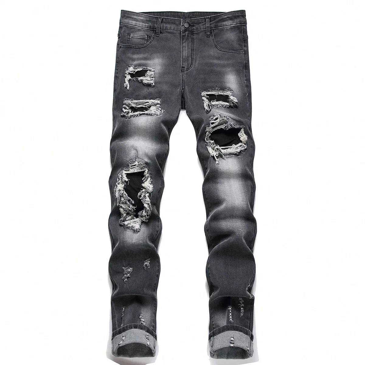 Men High Stretch Ripped Denim Jeans Washed Skinny Distressed  Denim Pants Slim Fit Frayed Hole Male Hip Hop Streetwear Trousers