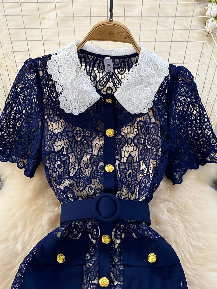 Ele ort Sve Doll Collar Slimming Hollow out Lace Dr High Waist Korean Sle Commute Pure Color Summer Midi Dr