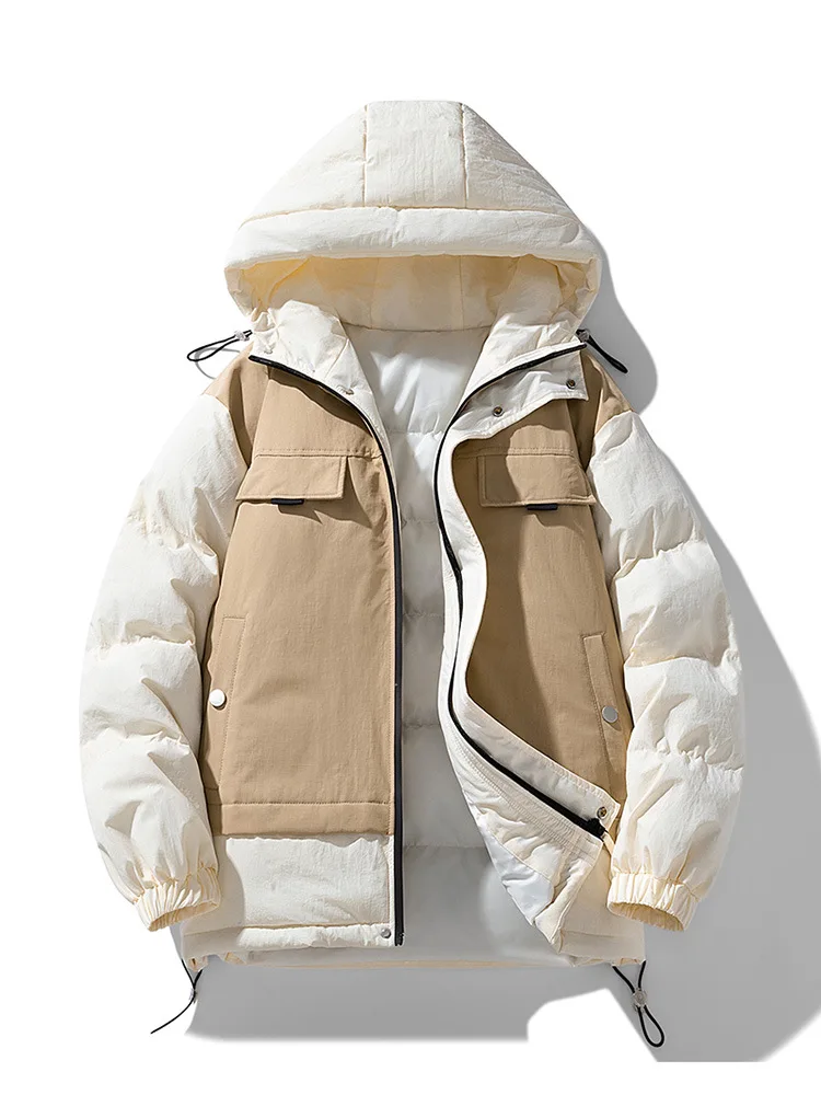 Winter Man Down Jacket Thicken Contrast Color Patchwork Zipper Men Outerwear Long Sleeve Zipper Versatile Male Hooded Coat