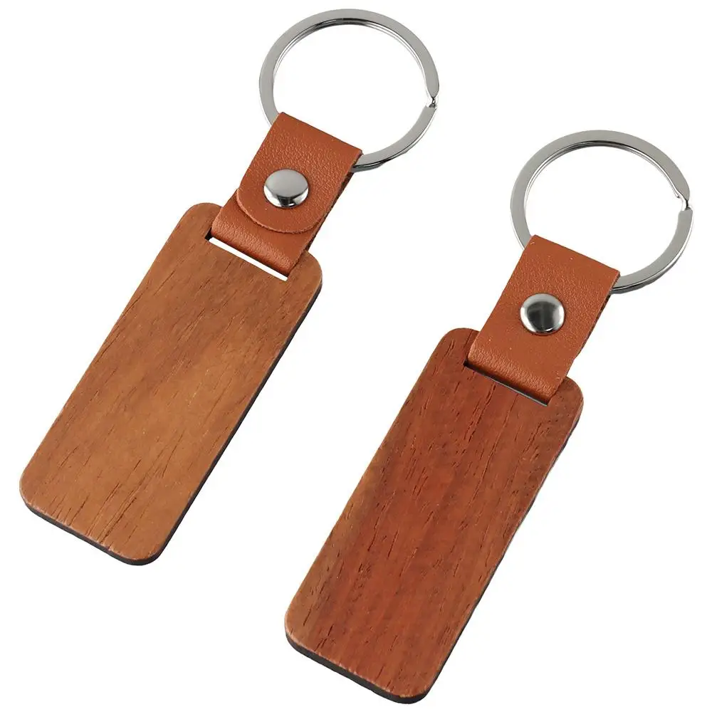 Walnut Wood Unfinished Wood Wooden Rectangle Wood Keychain Leather Leather Keychain DIY Engraving Gift