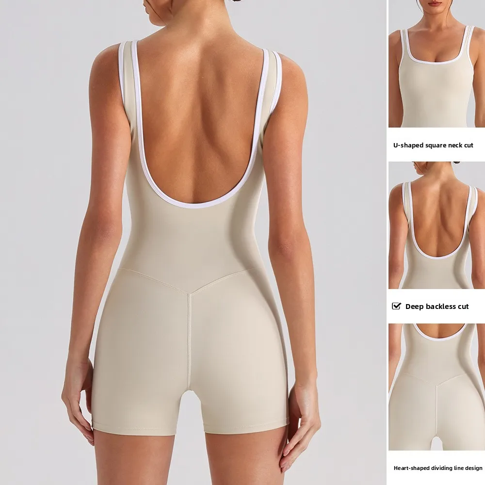 Women Contrast One Piece Yoga Suit Workout Jumpsuit U Low Back Sleeveless Tight Short Bodysuit Soft Stretch Pilates gym set
