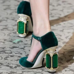 Luxury Emerald Agate Chunky Heel Wedding Shoes Women T-strap Green Velvet Round Toe Rhinestone Pumps 2024 Summer Fashion Sandals
