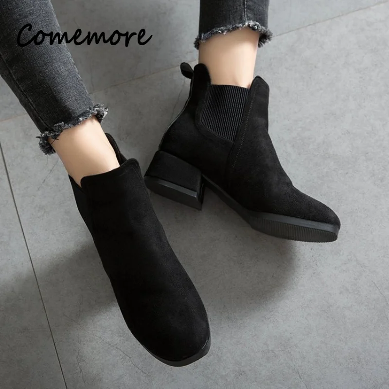 Comemore kobiety średnie obcasy czarne zimowe futerkowe buty 2023 Suede Chunky Heel Chelsea buty moda kobieta botki Botas Mujer 41