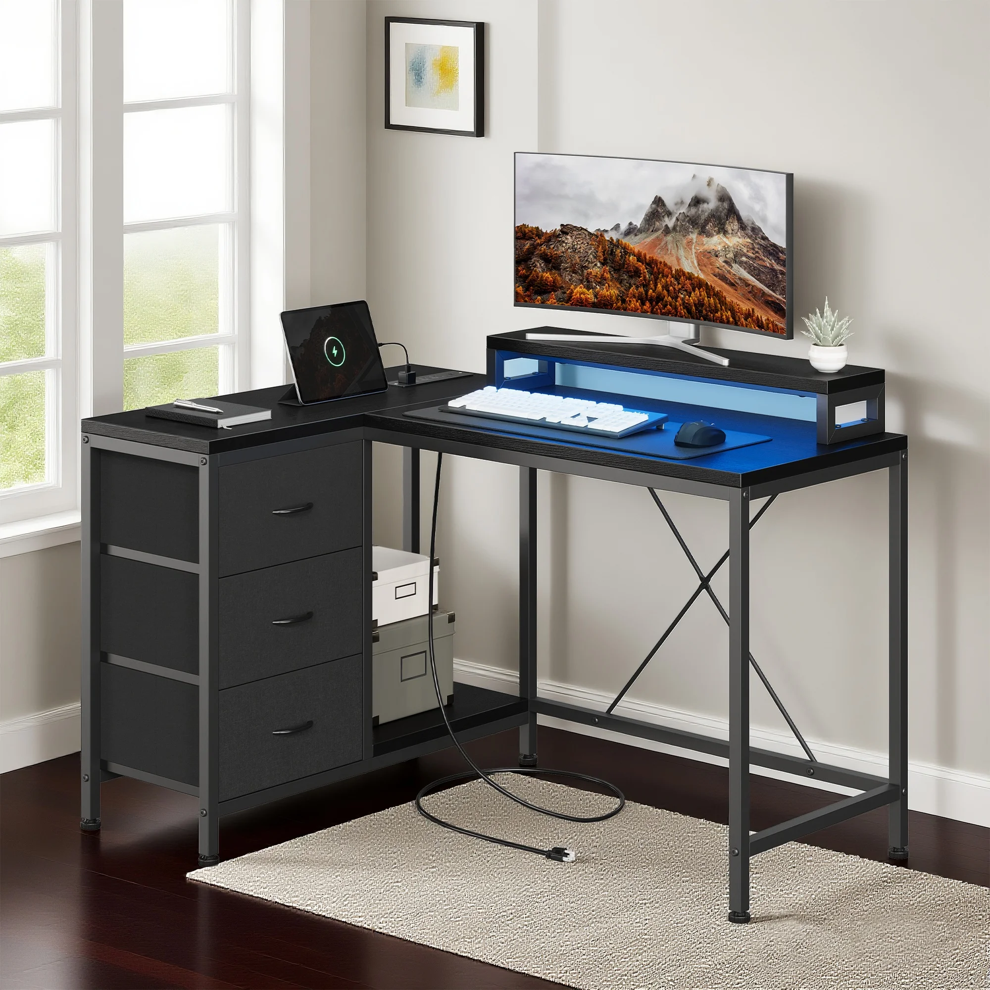 3 Drawers L Shaped Computer Desk with Power Outlets & LED Lights, Storage Shelves, Monitor Stand - Reversible Home Office Gaming Desk for Study or Work - Modern Corner Table