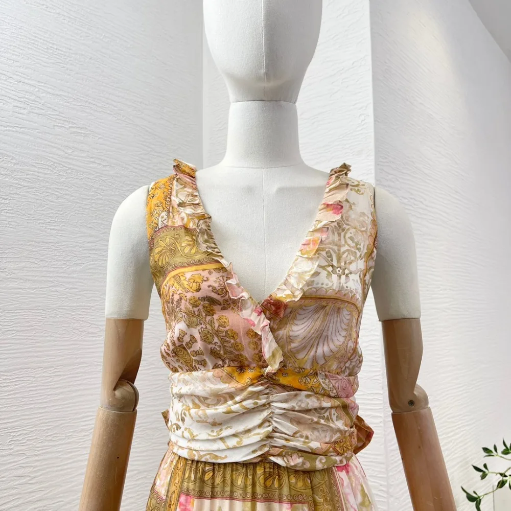 

Women's Spring Coffee Color Sleeveless Ruched Hem Halter Cross Back Straps Backless Midi Dress 2025