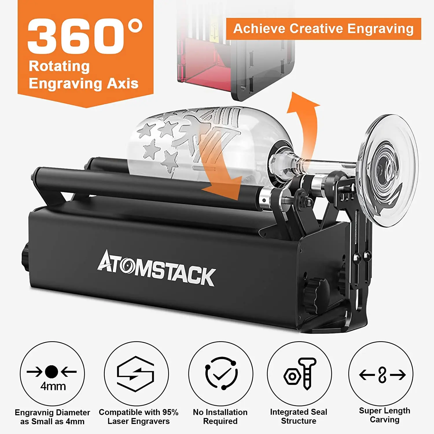 ATOMSTACK R3 PRO Rotary Engraver Y-axis Roller Engraving Module for Cylindrical Objects Wine Glass Tumbler Cans Box Round Pen