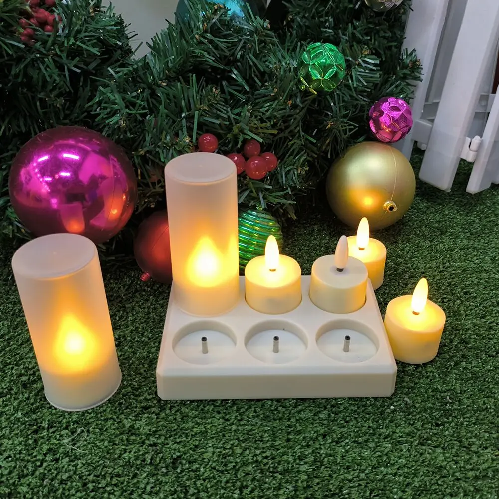 6pcs LED Rechargeable Tea Lights 3D Flame Candles Remote controlled with Timer Votive Candle for Wedding Christmas Party Decor