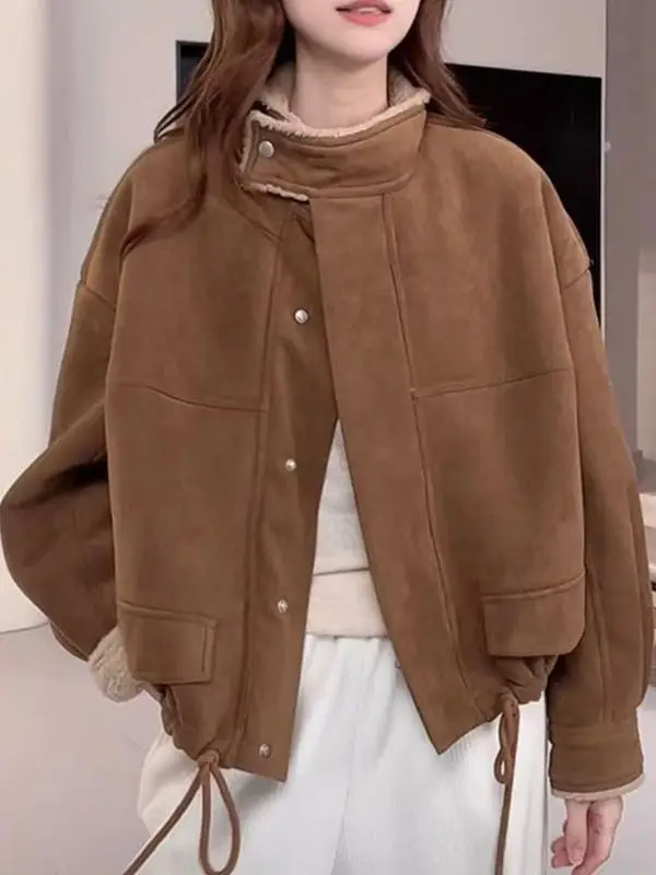 Women's Suede Short Jacket Thickened Fleece Lined Leather Fur Integrated Autumn Winter Warm Stylish Commute Style Outerwear