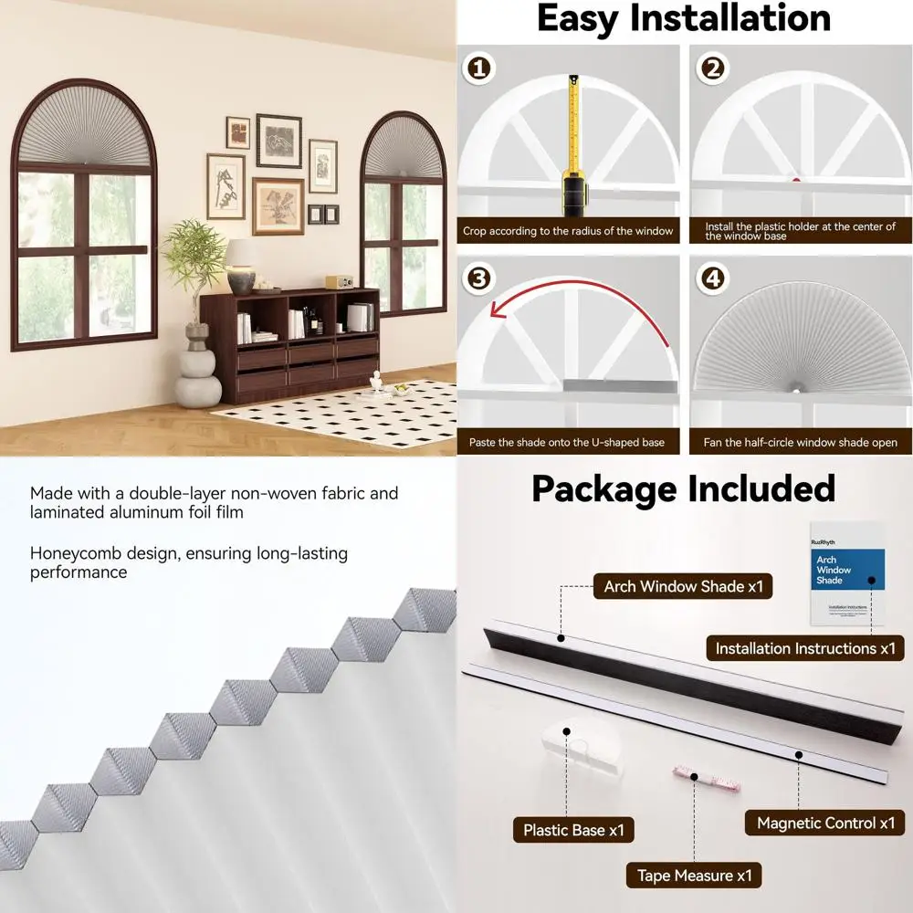 

Беспроводные полукруглые сотовые шторы блэкаут для арочных окон, простая установка, 2 штуки, 36 x 72, белые